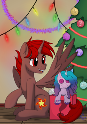 Size: 2970x4200 | Tagged: safe, artist:moony, imported from derpibooru, izzy moonbow, oc, oc:hardy, alicorn, pony, unicorn, alicorn oc, christmas, christmas lights, christmas tree, g5, holiday, horn, male, new year, plushie, pony plushie, solo, spread wings, stallion, tree, wings