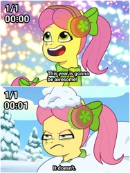 Size: 1500x1999 | Tagged: safe, edit, edited screencap, imported from derpibooru, screencap, earth pony, pony, spoiler:g5, spoiler:my little pony: tell your tale, spoiler:tyts01e37, exploitable meme, female, g5, happy new year, holiday, mare, meme, my little pony: tell your tale, posey bloom, posey bloom is not amused, posey can't catch a break, snot, snow pun intended, solo, unamused