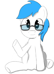 Size: 858x1174 | Tagged: safe, artist:scootaloormayfly, imported from derpibooru, oc, oc only, oc:blue beryl, pegasus, pony, derpibooru community collaboration, 2023 community collab, blue fur, glasses, looking at camera, male, pegasus oc, simple background, sitting, solo, transparent background, waving, white fur