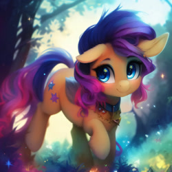 Size: 1536x1536 | Tagged: safe, imported from derpibooru, oc, unnamed oc, earth pony, pony, ai content, ai generated, blue eyes, ear fluff, eyebrows, eyelashes, female, forest, generator:purplesmart.ai, generator:stable diffusion, looking sideways, magenta mane, mare, one ear down, orange fur, prompter:nightluna, purple mane, purple tail, smiling, sneaking, solo, tail