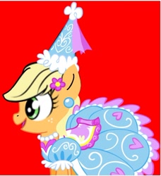 Size: 720x789 | Tagged: safe, imported from derpibooru, applejack, earth pony, pony, look before you sleep, applejack also dresses in style, beautiful, clothes, cute, dress, ear piercing, flower, flower in hair, froufrou glittery lacy outfit, happy, hat, hennin, jackabetes, jewelry, necklace, piercing, pretty, princess, princess applejack, red background, simple background, smiling, solo