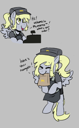 Size: 454x728 | Tagged: safe, artist:dsstoner, imported from derpibooru, derpy hooves, pegasus, pony, aggie.io, bag, cash register, cashier, clothes, comics, cute, derpabetes, eyes closed, female, hat, mare, mcdonald's, mouth hold, open mouth, paper bag, simple background, smiling, spread wings, talking, uniform, wings, working