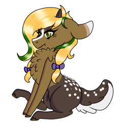 Size: 868x921 | Tagged: safe, artist:bluebellrosethepony, imported from derpibooru, oc, oc only, oc:vittaria black, deer, deer pony, hybrid, original species, pony, bow, chest fluff, hair bow, offspring, parent:oc:bada nevada, parent:oc:vermont black, parents:oc x oc, pouting, simple background, sitting, solo, spots, transparent background