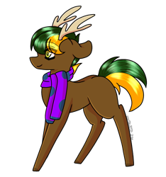 Size: 1303x1392 | Tagged: safe, artist:bluebellrosethepony, imported from derpibooru, oc, oc only, oc:vladimir black, deer, deer pony, hybrid, original species, pony, antlers, clothes, offspring, parent:oc:bada nevada, parent:oc:vermont black, parents:oc x oc, scarf, simple background, slim, smiling, solo, standing, transparent background