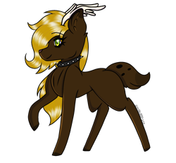 Size: 1542x1423 | Tagged: safe, artist:bluebellrosethepony, imported from derpibooru, oc, oc only, oc:veronica black, deer, deer pony, hybrid, original species, pony, antlers, choker, offspring, parent:oc:bada nevada, parent:oc:vermont black, parents:oc x oc, simple background, smiling, solo, spiked choker, standing, white background