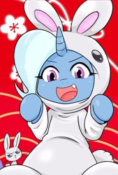 Size: 1378x2039 | Tagged: safe, artist:batipin, imported from derpibooru, angel bunny, trixie, pony, unicorn, angel bunny is not amused, animal costume, bunny costume, clothes, costume, open mouth, red background, simple background, solo focus, unamused