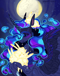 Size: 1500x1900 | Tagged: safe, artist:yuyusunshine, imported from derpibooru, princess luna, alicorn, pony, rabbit, animal, female, hoof hold, mare, moon, solo