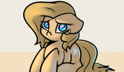 Size: 480x283 | Tagged: safe, artist:slavedemorto, edit, imported from derpibooru, oc, oc only, oc:backy, earth pony, cropped, earth pony oc, female, floppy ears, looking at you, lying down, mare, prone, sad