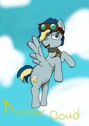 Size: 2480x3508 | Tagged: safe, artist:cookie dough, imported from derpibooru, oc, oc:thunder cloud, pegasus, bandana, flying, goggles, multicolored hair, pegasus oc, solo