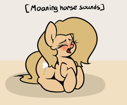 Size: 800x662 | Tagged: safe, artist:slavedemorto, edit, imported from derpibooru, oc, oc only, oc:backy, earth pony, pony, blushing, cropped, descriptive noise, earth pony oc, eyes closed, female, horse noises, lying down, mare, moaning, open mouth, prone, text