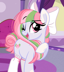 Size: 2016x2239 | Tagged: safe, artist:emberslament, imported from derpibooru, oc, oc only, oc:strawberry blush, earth pony, pony, bow, clothes, earth pony oc, female, hair bow, heart, heart eyes, mare, one eye closed, raised hoof, socks, solo, wingding eyes, wink