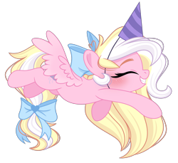 Size: 2732x2499 | Tagged: safe, alternate version, artist:emberslament, imported from derpibooru, oc, oc:bay breeze, pegasus, pony, bow, cute, eyes closed, female, flying, hair bow, hat, mare, party hat, pegasus oc, simple background, solo, transparent background