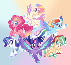 Size: 2462x2237 | Tagged: safe, artist:glowfangs, imported from derpibooru, applejack, fluttershy, pinkie pie, rainbow dash, rarity, twilight sparkle, alicorn, pony, abstract background, applejack's hat, coat markings, colored hooves, colored horn, colored wings, colored wingtips, cowboy hat, cowprint, flying, gradient background, gradient hooves, gradient mane, gradient wings, hat, horn, jumping, mane six, pegasus wings, recolor, redesign, socks (coat markings), spread wings, tail, twilight sparkle (alicorn), two toned mane, two toned tail, two toned wings, unshorn fetlocks, wings