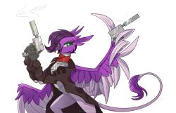 Size: 4200x2706 | Tagged: safe, artist:greenmaneheart, imported from derpibooru, oc, oc only, oc:gavra, griffon, armor, clothes, eye clipping through hair, eyebrows, eyebrows visible through hair, female, griffon oc, gun, handgun, high res, looking at you, open mouth, open smile, pistol, simple background, smiling, smiling at you, solo, transparent background, wing hands, wings
