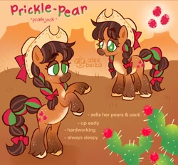 Size: 2048x1904 | Tagged: safe, artist:alexbeeza, imported from derpibooru, oc, oc:prickle pear, earth pony, pony, cactus, cowboy hat, earth pony oc, female, gradient hooves, hat, mare, no pupils, nopal, open mouth, open smile, rearing, smiling, solo, text, tuna fruit, unshorn fetlocks