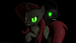 Size: 3840x2160 | Tagged: safe, artist:fireemerald123, imported from derpibooru, oc, oc only, oc:holly berry, oc:smokey, unicorn, 3d, black background, duo, glowing, glowing eyes, sharp teeth, simple background, source filmmaker, teeth, void entity, watermark