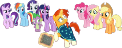 Size: 806x317 | Tagged: safe, artist:pascalmulokozi2, edit, edited screencap, imported from derpibooru, screencap, applejack, fluttershy, pinkie pie, rainbow dash, rarity, spike, starlight glimmer, sunburst, twilight sparkle, alicorn, dragon, earth pony, pegasus, pony, unicorn, shadow play, background removed, book, female, male, mane eight, mane seven, mane six, mare, not a vector, simple background, stallion, transparent background, twilight sparkle (alicorn)