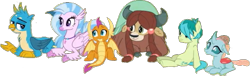 Size: 637x194 | Tagged: safe, artist:pascalmulokozi2, edit, edited screencap, imported from derpibooru, screencap, gallus, ocellus, sandbar, silverstream, smolder, yona, changedling, changeling, classical hippogriff, dragon, earth pony, griffon, hippogriff, pony, yak, school daze, background removed, cloven hooves, colored hooves, dragoness, female, jewelry, lying down, male, mare, necklace, not a vector, prone, simple background, sitting, student six, teenager, transparent background