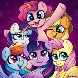 Size: 2000x2000 | Tagged: safe, artist:madelinne, imported from derpibooru, applejack, fluttershy, pinkie pie, rainbow dash, rarity, twilight sparkle, alicorn, earth pony, pegasus, pony, unicorn, crying, mane six, party horn, tears of joy, twilight sparkle (alicorn)