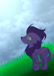 Size: 2480x3508 | Tagged: safe, artist:thecommandermiky, imported from derpibooru, oc, oc only, cheetah, hybrid, pegasus, pony, chest fluff, purple hair, solo