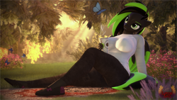 Size: 7680x4320 | Tagged: safe, artist:loveslove, imported from derpibooru, oc, oc only, oc:toxic star, anthro, butterfly, plantigrade anthro, 3d, absurd file size, absurd resolution, blurry background, breasts, busty oc, carpet, clothes, coffee, coffee cup, cup, denim, female, flower, forest, jeans, looking at someone, nail polish, outdoors, pants, shirt, shoes, smiling, solo, tail, tree