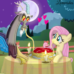 Size: 1300x1300 | Tagged: safe, artist:mlplary6, imported from derpibooru, discord, fluttershy, draconequus, pegasus, pony, candle, discoshy, duo, duo male and female, eating, eye contact, female, food, heart, looking at each other, looking at someone, love, male, mare, mismatched wings, moon, pasta, shipping, signature, smiling, smiling at each other, spaghetti, spread wings, straight, wings