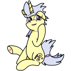 Size: 1200x1200 | Tagged: safe, artist:jaminbread, imported from derpibooru, oc, oc only, oc:fighttwomagic, unicorn, derpibooru community collaboration, 2023 community collab, blushing, floppy ears, horn, looking away, simple background, sitting, solo, transparent background, unicorn oc