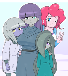 Size: 2180x2423 | Tagged: safe, artist:batipin, imported from derpibooru, limestone pie, marble pie, maud pie, pinkie pie, human, equestria girls, breasts, busty maud pie, clothes, equestria girls-ified, eye clipping through hair, eyebrows, eyebrows visible through hair, family, family photo, female, hair over one eye, hands behind back, one eye closed, peace sign, pie sisters, siblings, sisters, wink
