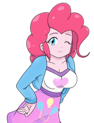 Size: 1349x1762 | Tagged: safe, artist:batipin, imported from derpibooru, part of a set, pinkie pie, human, equestria girls, breasts, busty pinkie pie, female, one eye closed, simple background, solo, transparent background