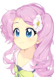 Size: 448x640 | Tagged: safe, editor:luckreza8, imported from derpibooru, fluttershy, human, equestria girls, ai content, ai generated, anime, cute, female, generator:pinegraph, happy, simple background, solo, white background