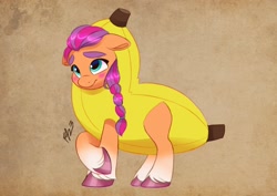 Size: 2048x1448 | Tagged: safe, artist:artharuhi, imported from derpibooru, sunny starscout, earth pony, pony, spoiler:g5, spoiler:my little pony: tell your tale, spoiler:tyts01e21, banana, banana costume, blushing, braid, braided ponytail, clothes, costume, cute, female, floppy ears, food, food costume, g5, mare, my bananas, my little pony: tell your tale, ponytail, solo, sunnybetes, unshorn fetlocks