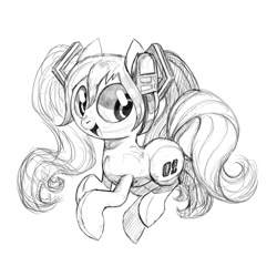 Size: 1280x1280 | Tagged: safe, artist:talonsofwater, imported from derpibooru, kotobukiya, earth pony, pony, anime, female, hatsune miku, headphones, kotobukiya hatsune miku pony, looking at you, mare, monochrome, open mouth, open smile, ponified, simple background, sketch, smiling, solo, vocaloid, white background