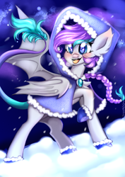 Size: 2480x3508 | Tagged: safe, artist:pozya1007, imported from derpibooru, oc, oc only, bat pony, pony, clothes, happy, happy new year, holiday, snow, solo, winter