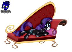 Size: 4154x3000 | Tagged: safe, alternate version, artist:damlanil, imported from derpibooru, rarity, pony, unicorn, bedroom eyes, bodysuit, clothes, collar, couch, cute, eyeshadow, fainting couch, female, grin, horn, latex, latex suit, looking at you, lying down, makeup, mare, pillow, raribetes, rubber, shiny, show accurate, simple background, smiling, solo, suit, transparent background, underhoof, vector