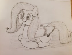 Size: 1280x968 | Tagged: safe, artist:raritymylove, imported from derpibooru, fluttershy, pony, cute, holding breath, lying down, ponyloaf, prone, puffy cheeks, shyabetes, solo, traditional art