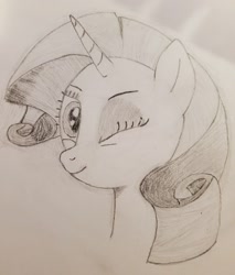 Size: 1088x1280 | Tagged: safe, artist:raritymylove, imported from derpibooru, rarity, pony, looking at you, one eye closed, solo, traditional art, wink, winking at you