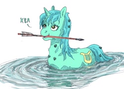 Size: 892x642 | Tagged: safe, artist:adeptus-monitus, imported from derpibooru, lyra heartstrings, pony, unicorn, arrow, behaving like a frog, burdock, burrs, cyrillic, female, mare, mouth hold, russian, russian literature, simple background, solo, the frog princess, translated in the comments, water, white background