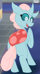 Size: 788x1462 | Tagged: safe, artist:plinkie_poi, edit, imported from derpibooru, ocellus, changedling, changeling, butt, cropped, laughing, open mouth, plot, smiling, solo