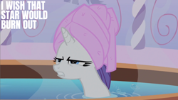 Size: 1280x720 | Tagged: safe, edit, edited screencap, editor:quoterific, imported from derpibooru, screencap, rarity, pony, unicorn, green isn't your color, annoyed, bubble, female, gritted teeth, irritated, mare, rarity is not amused, solo, spa, teeth, towel, towel on head, unamused