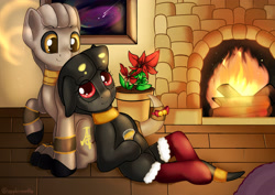 Size: 3496x2480 | Tagged: safe, artist:appleneedle, imported from derpibooru, oc, oc:apophis, original species, pony, snake, snake pony, bell, christmas, clothes, cottage, couple, cozy, duo, egyptian, egyptian pony, fire, fireplace, flower, flower pot, friends, holiday, love, poinsettia, socks