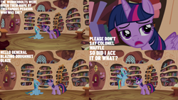 Size: 4400x2475 | Tagged: safe, edit, edited screencap, editor:quoterific, imported from derpibooru, screencap, rainbow dash, twilight sparkle, alicorn, pegasus, pony, testing testing 1-2-3, annoyed, book, bookshelf, confident, duo, duo female, eyes closed, female, flying, frown, golden oaks library, ladder, mare, open mouth, open smile, questioning, smiling, spread wings, twilight sparkle (alicorn), twilight sparkle is not amused, unamused, wings