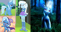 Size: 2558x1344 | Tagged: safe, artist:ilostangel, edit, edited screencap, imported from derpibooru, screencap, trixie, human, pony, unicorn, equestria girls, equestria girls series, my little pony: pony life, no second prances, bipedal, cape, clothes, crossed arms, female, friendship gems, g4, g4 to g5, g4.5, g5, generation leap, grass, grass field, hat, mare, multeity, open mouth, open smile, smiling, stars, trixie's brooch, trixie's cape, trixie's hat, unshorn fetlocks