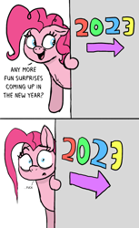 Size: 1126x1841 | Tagged: safe, artist:doodledonutart, imported from derpibooru, pinkie pie, earth pony, pony, 2023, comic, dialogue, female, floppy ears, mare, scared, solo, this will not end well, vulgar, wide eyes