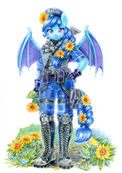 Size: 1766x2500 | Tagged: safe, artist:maytee, imported from derpibooru, oc, oc only, oc:specter ace, anthro, bat pony, bat pony oc, beret, boots, braid, braided tail, clothes, cute, female, flower, freckles, garden, gloves, gun, hat, mare, military uniform, night guard, shoes, simple background, solo, sunflower, tail, traditional art, uniform, weapon, white background