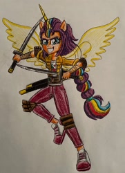 Size: 2193x3030 | Tagged: safe, artist:bozzerkazooers, imported from derpibooru, sunny starscout, alicorn, human, equestria girls, artificial horn, artificial wings, augmented, dagger, equestria girls-ified, female, g5, g5 to equestria girls, generation leap, high res, horn, magic, magic horn, magic wings, ponied up, race swap, solo, sunnycorn, tanto, traditional art, weapon, wings