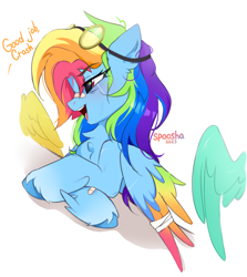 Size: 2300x2580 | Tagged: safe, artist:spoosha, imported from derpibooru, rainbow dash, pegasus, pony, bandaid, bandaid on nose, goggles, goggles on head, implied lightning dust, implied spitfire, offscreen character, open mouth, rainbow crash, simple background, solo focus, white background