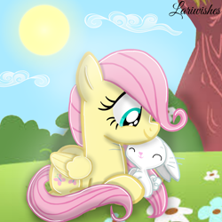 Size: 1300x1300 | Tagged: safe, artist:mlplary6, imported from derpibooru, angel bunny, fluttershy, pegasus, pony, rabbit, animal, cute, eyes closed, female, filly, filly fluttershy, foal, hug, lying down, male, smiling, sun, younger