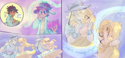 Size: 3800x1756 | Tagged: safe, artist:mimiporcellini, imported from derpibooru, applejack, human, boingo, clothes, comic page, crossover, crossover shipping, dress, female, hol horse, holjack, human male, jojo's bizarre adventure, male, mare, shipping, straight