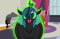 Size: 1280x825 | Tagged: safe, artist:redpaladin, imported from derpibooru, queen chrysalis, changeling, bedroom, bugbutt, butt, butt expansion, female, growth, hip expansion, hips, human to changeling, human to pony, large butt, male to female, mare, open mouth, rule 63, shocked, shocked expression, story included, transformation, transgender transformation