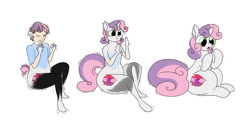 Size: 1280x640 | Tagged: safe, artist:redpaladin, imported from derpibooru, sweetie belle, human, pony, unicorn, age regression, cutie mark crusaders, hip, hips, human to pony, male to female, rule 63, sequence, simple background, transformation, transgender transformation, white background